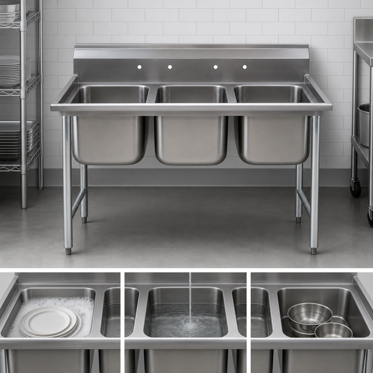 Product image #3 for Eagle Group 414 Series Three-Compartment Coved-Corner Sink, 22 x 22 Bowls, 77-1/2 Inches Wide