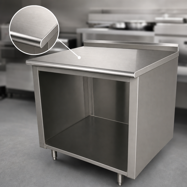 Product image #3 for Advance Tabco 120-Inch x 24-Inch Stainless Steel Work Table with Open Front Cabinet Base and 1-1/2-Inch Rear Up-Turn