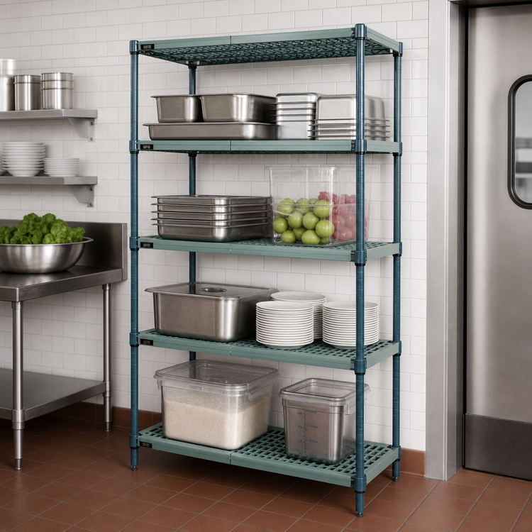 Product image #3 for Quantum 4-Tier Wire Plastic Mat Stationary Shelving Unit, 42"W x 18"D x 74"H, Green Epoxy Antimicrobial Finish