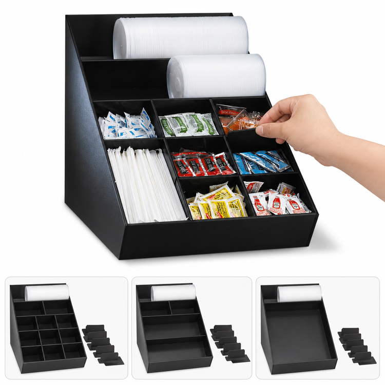 Product image #3 for Black Polystyrene Wide Lid, Straw & Condiment Organizer with Removable Dividers