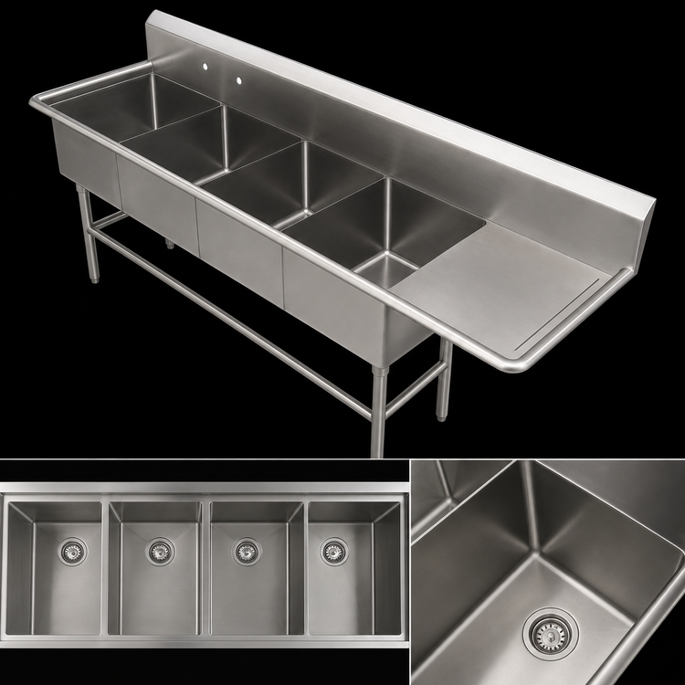 Product image #3 for John Boos Pro-Bowl 4-Compartment Freestanding Stainless Steel Sink with 30-Inch Right-Hand Drainboard