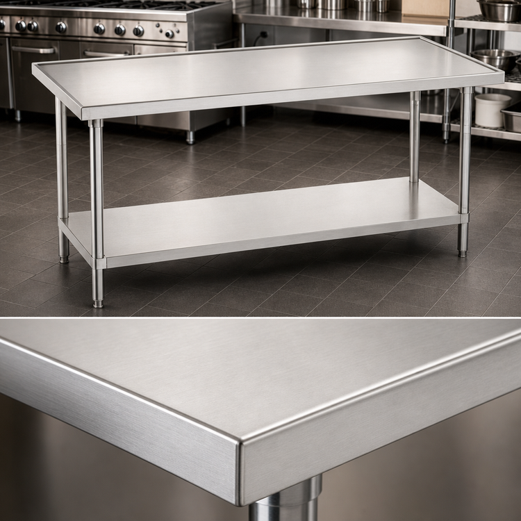 Product image #3 for Advance Tabco 108-Inch x 48-Inch 14-Gauge 304 Stainless Steel Work Table with No-Drip Countertop Edge and Adjustable Undershelf
