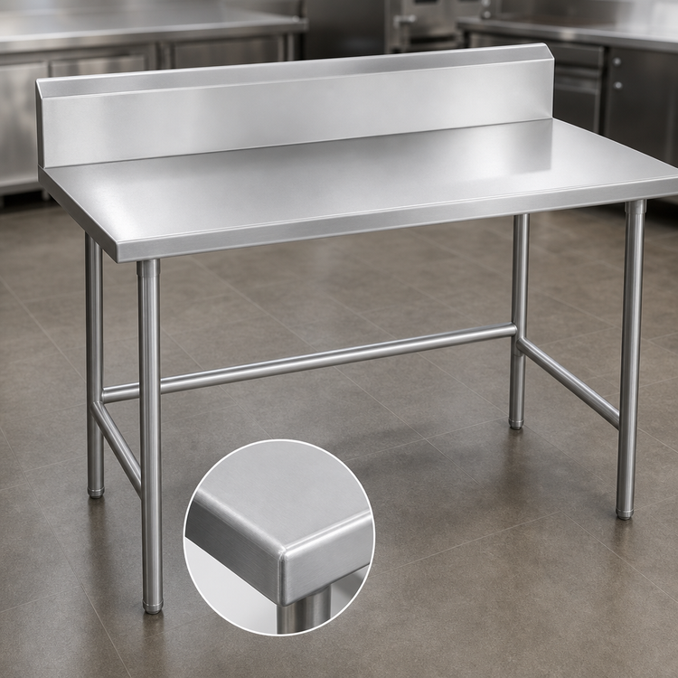 Product image #3 for Advance Tabco 120-Inch x 36-Inch 14-Gauge 304 Stainless Steel Work Table with 10-Inch Backsplash and Open Base