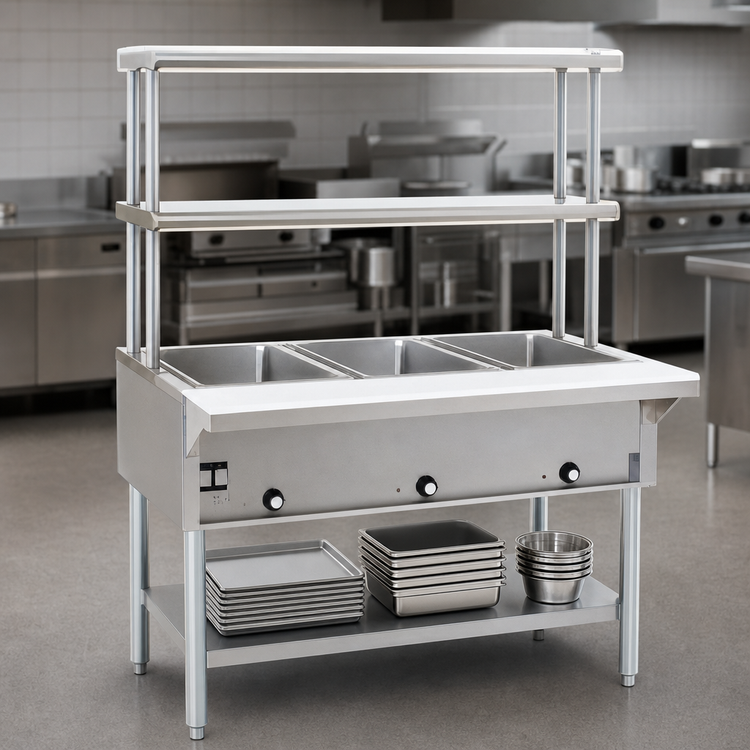 Product image #3 for Eagle Group 48 Inch Electric Hot Food Table, 3-Well Open Base with Double-Tier Flex-Master Overshelves