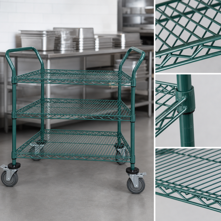 Product image #3 for Quantum 3-Shelf Wire Utility Cart, 36 x 21 x 37.5 Inches, Green Epoxy Antimicrobial Finish