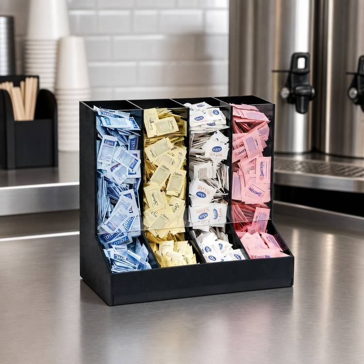 Product image #3 for Dispense-Rite GFBO-4BT 4-Section Black Polystyrene Packeted Condiment Organizer