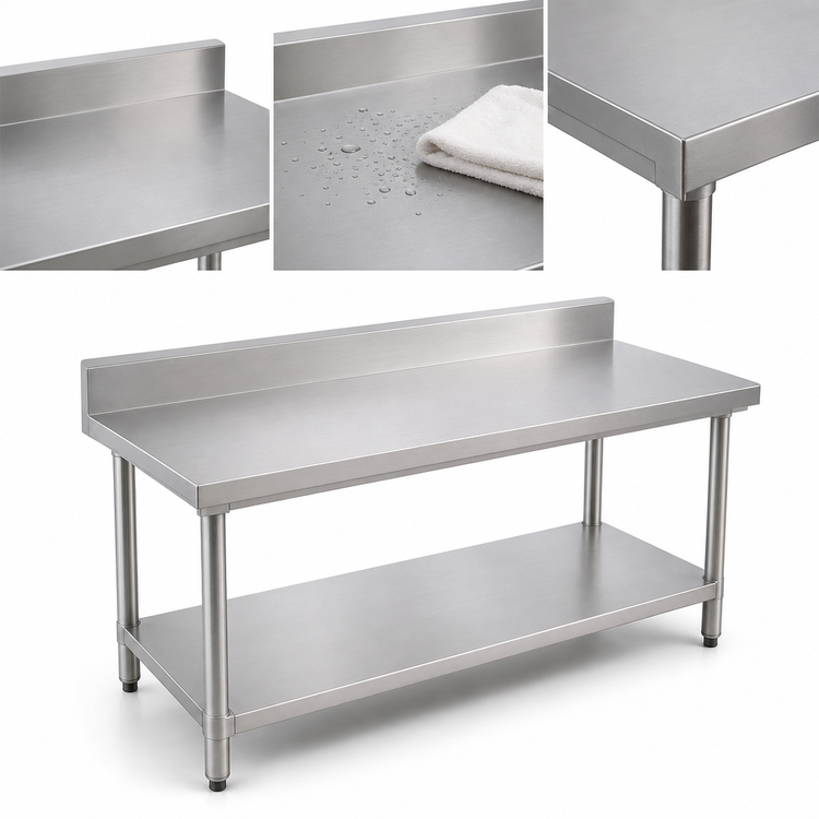 Product image #3 for Omcan Standard Series 72-Inch x 24-Inch Stainless Steel Work Table with 4-Inch Backsplash and Undershelf