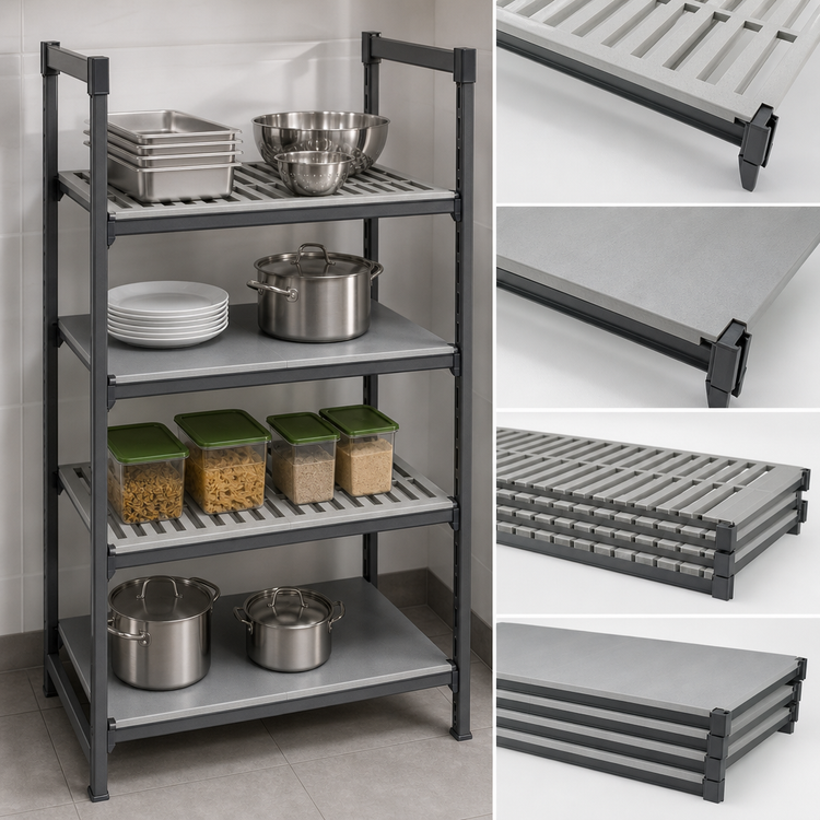 Product image #3 for Cambro Camshelving Basics Plus 18" x 48" 4-Shelf Solid & Vented Shelf Kit, Brushed Graphite
