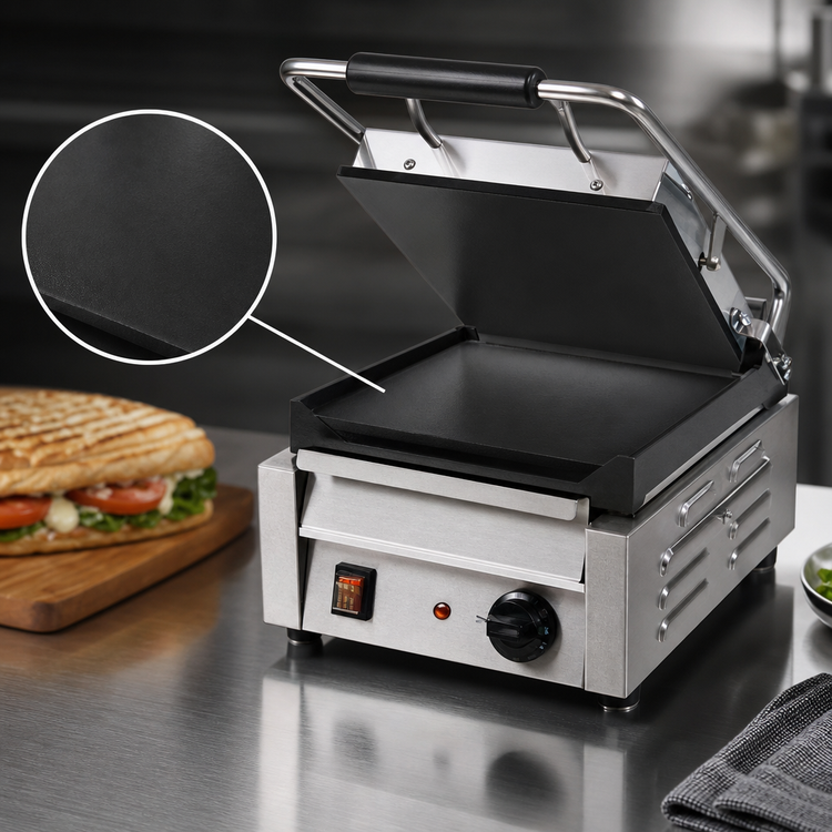 Product image #3 for Omcan USA Commercial Single Countertop Panini Grill with 10" x 11" Smooth Cast Iron Plates