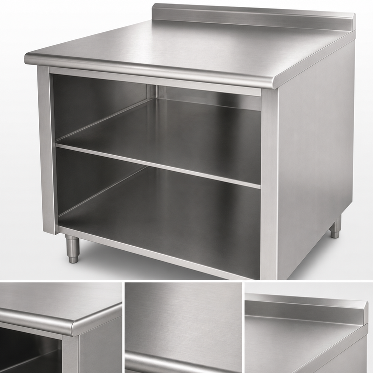 Product image #3 for Advance Tabco 72" x 30" Open Front Cabinet Base Work Table with 14 Gauge 304 Stainless Steel Top and Mid-Shelf