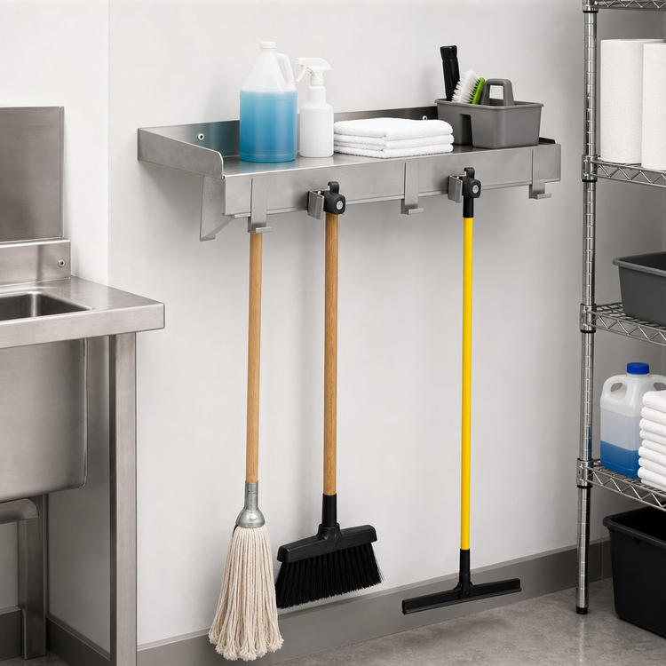 Product image #3 for John Boos PB-MSS836 36-Inch Wall-Mounted Stainless Steel Utility Shelf with 3 Mop/Broom Holders