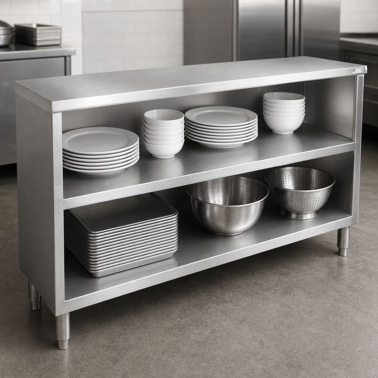 Product image #4 for John Boos Open Front Stainless Steel Dish Cabinet with Mid-Shelf and Stallion Safety Edge, 48W x 18D x 35H