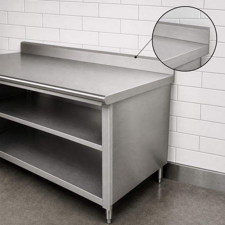 Product image #3 for Advance Tabco Special Value Economy Stainless Steel Open Front Cabinet Base Work Table with Mid-Shelf and 5-Inch Backsplash, 36 x 24 Inches