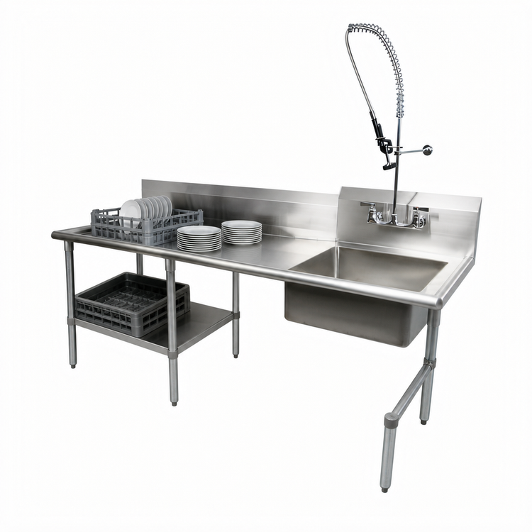 Product image #3 for 72-Inch Straight Soiled Dish Table with Right-to-Left Operation, 18/304 Stainless Steel Top, and Pre-Rinse Sink