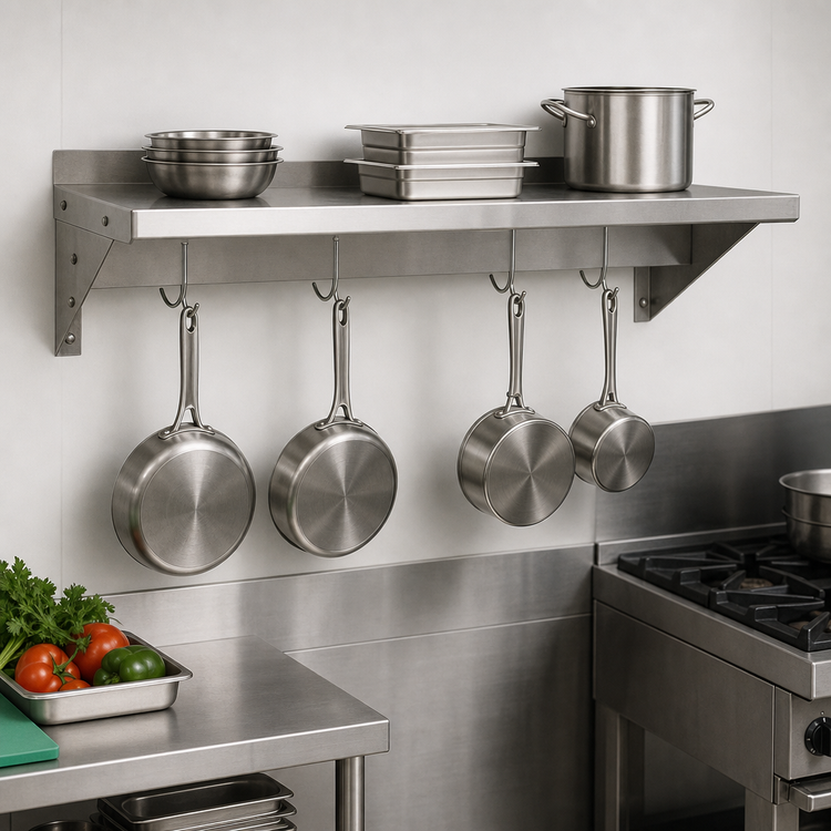 Product image #3 for BK Resources 60-Inch x 16-Inch Wall-Mounted Economy Stainless Steel Pot Rack Shelf