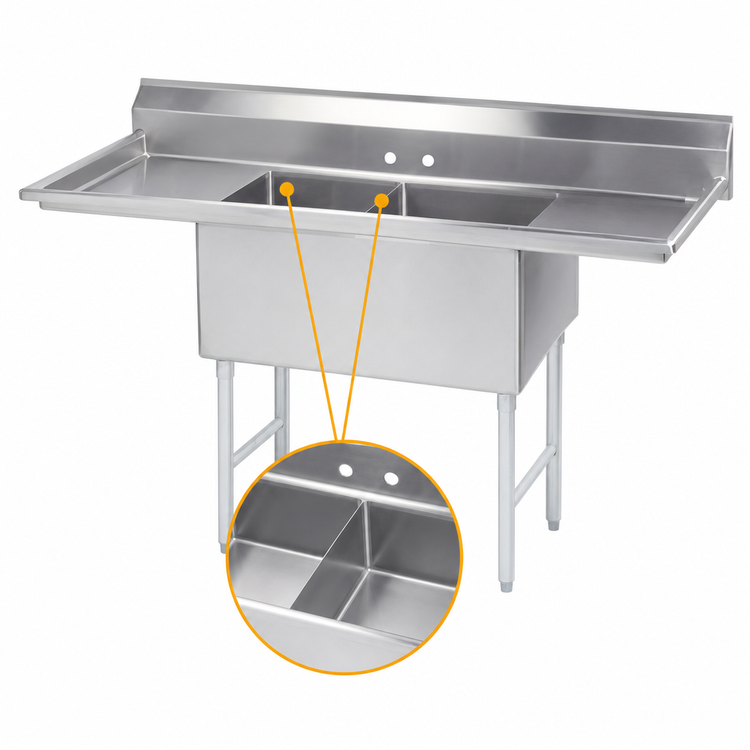 Product image #3 for Advance Tabco 2-Compartment Fabricated Stainless Steel Sink with Left and Right Drainboards, 88-Inch Overall Length