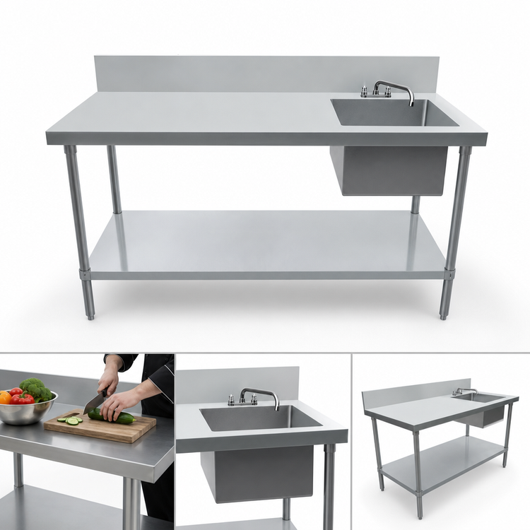 Product image #3 for 72-Inch Stainless Steel Sink Work Table with Right-Side Sink, Backsplash, and Undershelf
