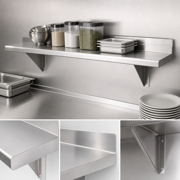 Product image #3 for Advance Tabco 108-Inch x 15-Inch Wall-Mounted 18-Gauge 430 Stainless Steel Wall Shelf