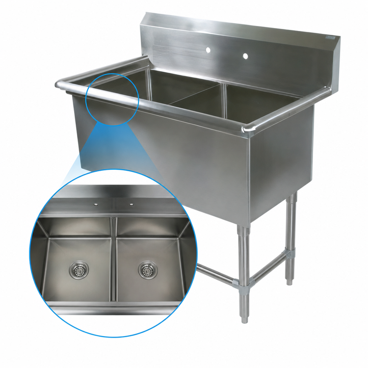 Product image #3 for John Boos Pro-Bowl 2-Compartment Freestanding Stainless Steel Sink with Legs, 10-Inch Backsplash, 65-1/8-Inch Wide