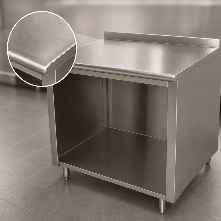 Product image #3 for Advance Tabco 48-Inch x 36-Inch 14-Gauge 304 Stainless Steel Work Table with Open Front Cabinet Base and 1-1/2-Inch Rear Up-Turn