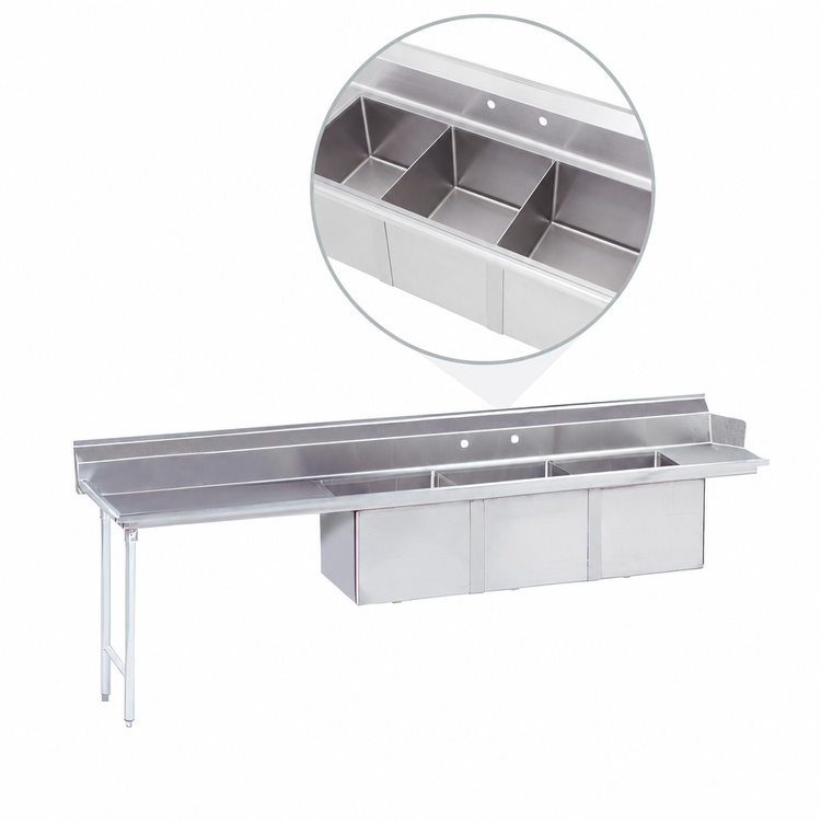 Product image #3 for Advance Tabco 107-Inch Left-Drainboard 3-Compartment Sink Table, 16-Gauge 304 Stainless Steel Top, 18 x 24 x 14 Bowls