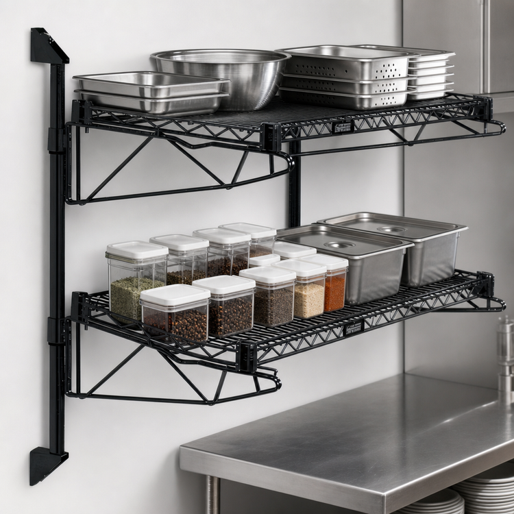 Product image #3 for Quantum Wall-Mount Cantilever Double-Shelf Wire Shelving Unit, 42 x 24 Inches, Black Epoxy Antimicrobial Finish