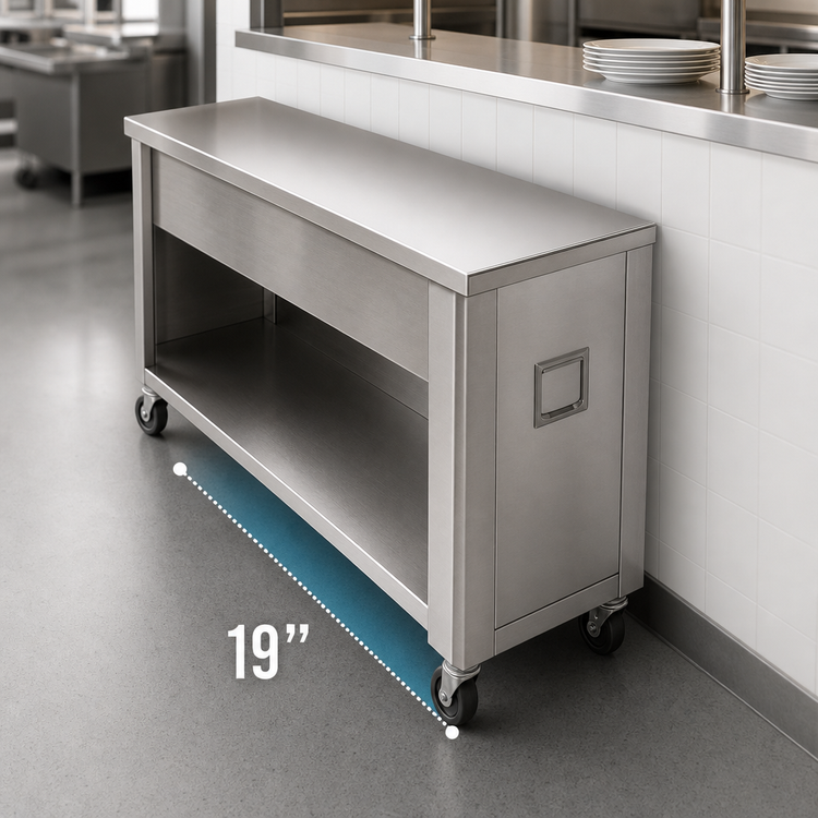Product image #3 for DineXpress Mobile Slim-Line Solid Top Serving Counter / Utility Station, 72 x 19 x 36 Inches, Open Stainless Steel Base