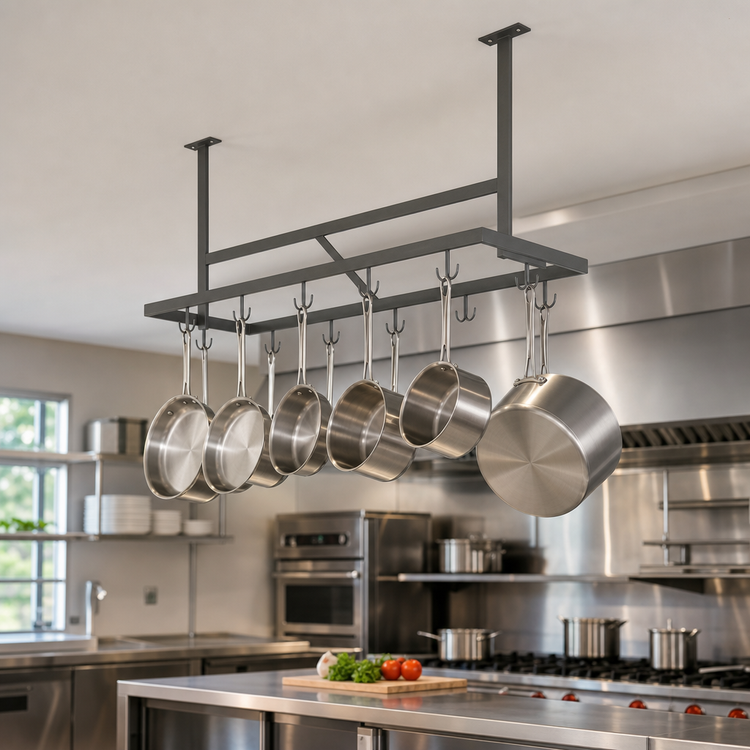 Product image #3 for John Boos Ceiling-Mounted Double-Bar Stainless Steel Pot Rack with 8 Double Hooks