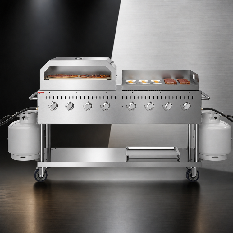 Product image #3 for KoolMore 60-Inch 8-Burner Commercial Outdoor Propane Gas Grill with 30-Inch Griddle and 30-Inch Pizza Oven