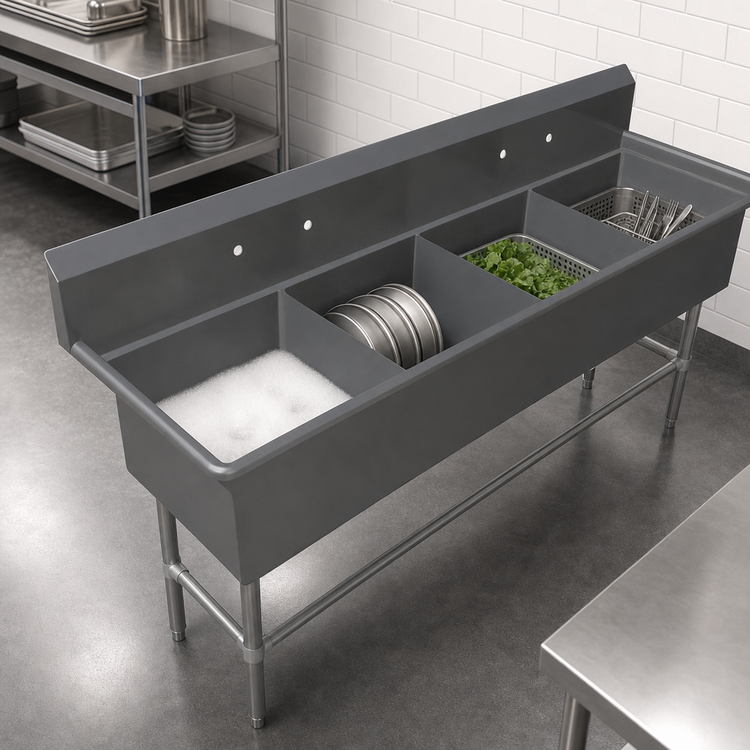 Product image #3 for John Boos Pro-Bowl 4-Compartment Stainless Steel Floor Sink, 16-Gauge 300-Series, 85-1/8" W x 25-1/2" D x 44-1/16" H