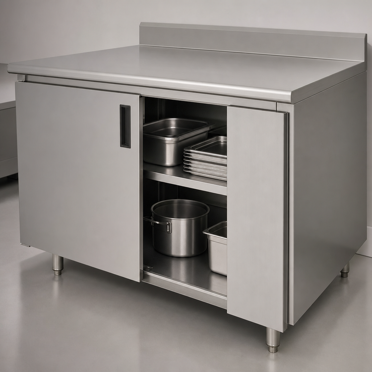 Product image #3 for Advance Tabco Special Value Economy Enclosed Work Table with Sliding Doors, 72 x 30 Inch, 16 Gauge 304 Stainless Steel Top, 5 Inch Backsplash
