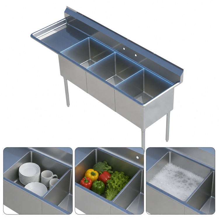 Product image #3 for Sapphire Manufacturing 68-1/2-Inch 3-Compartment Stainless Steel Sink with Left Drainboard