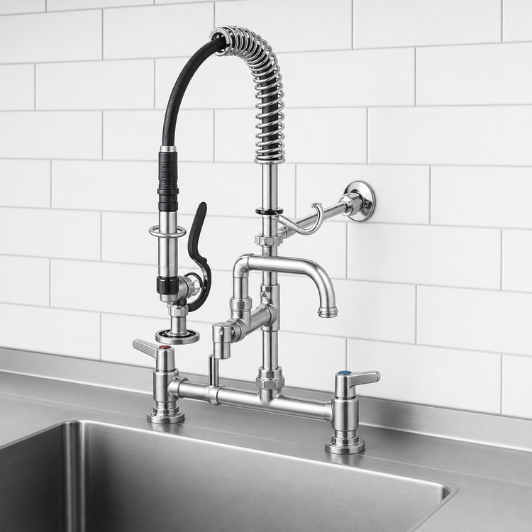Product image #3 for T&S Brass Mini Pre-Rinse Unit with 8" Deck Mount Mixing Faucet, 24" Flex Hose, 1.42 GPM Spray Valve, and 6" Swing Nozzle Add-On Faucet