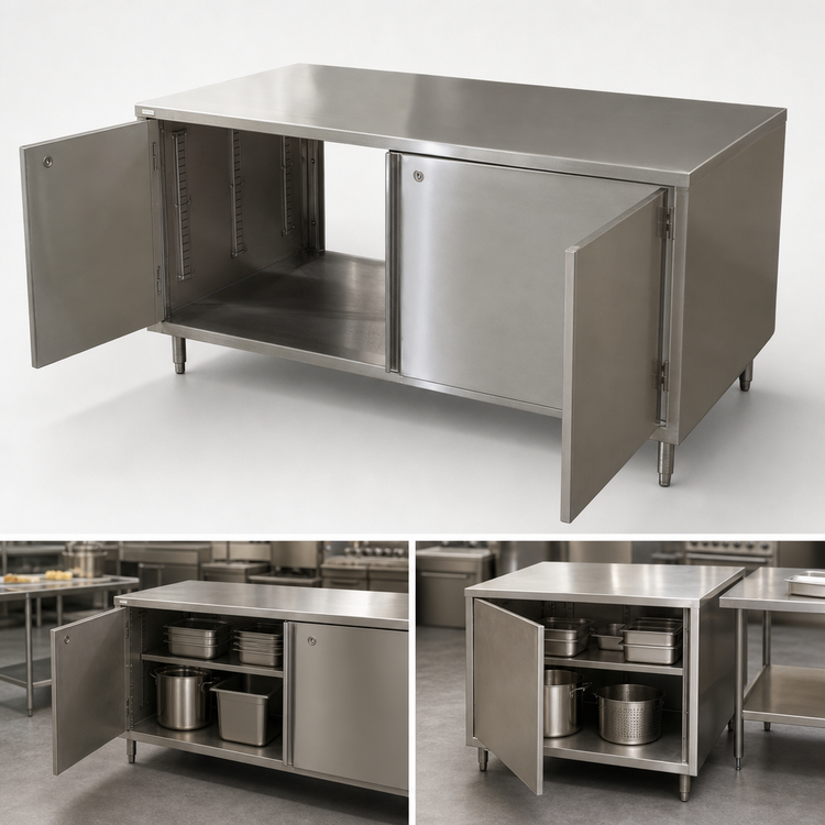 Product image #3 for BK Resources Dual-Access Stainless Steel Chef Table Cabinet Base with Hinged Doors and Locks, 48 x 24 Inches