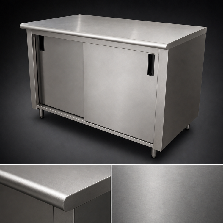 Product image #3 for Advance Tabco Special Value Series Cabinet Base Enclosed Work Table with Sliding Doors, 108"W x 30"D, 16-Gauge 304 Stainless Steel Top