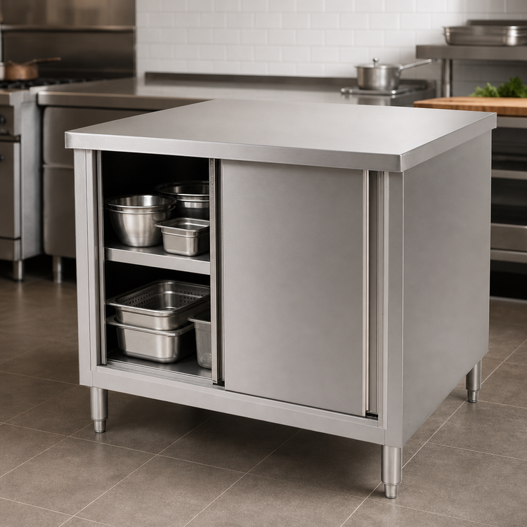 Product image #3 for 48-Inch Stainless Steel Enclosed Work Table with Sliding Doors and Middle Shelf