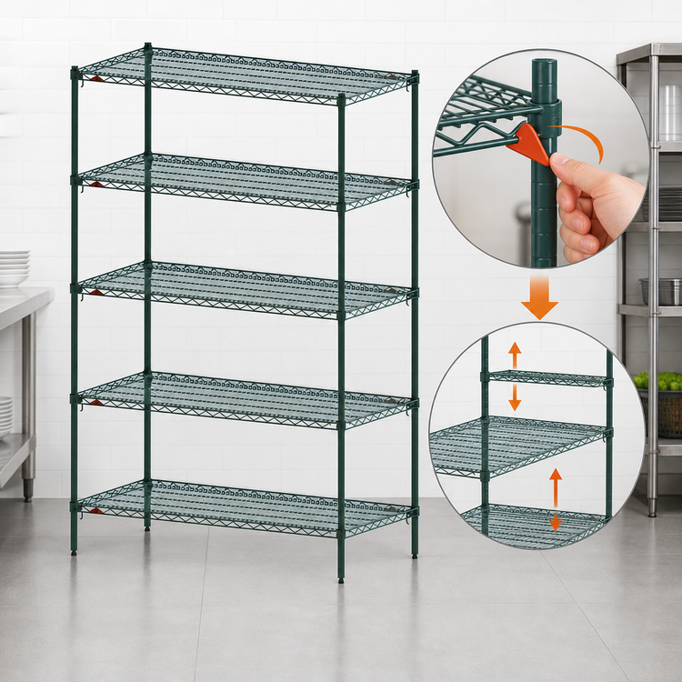 Product image #4 for Metro Super Adjustable Super Erecta Stationary Wire Shelving Starter Unit, 30W x 21D x 74H, 5 Shelves, Metroseal 3 Green Epoxy Finish
