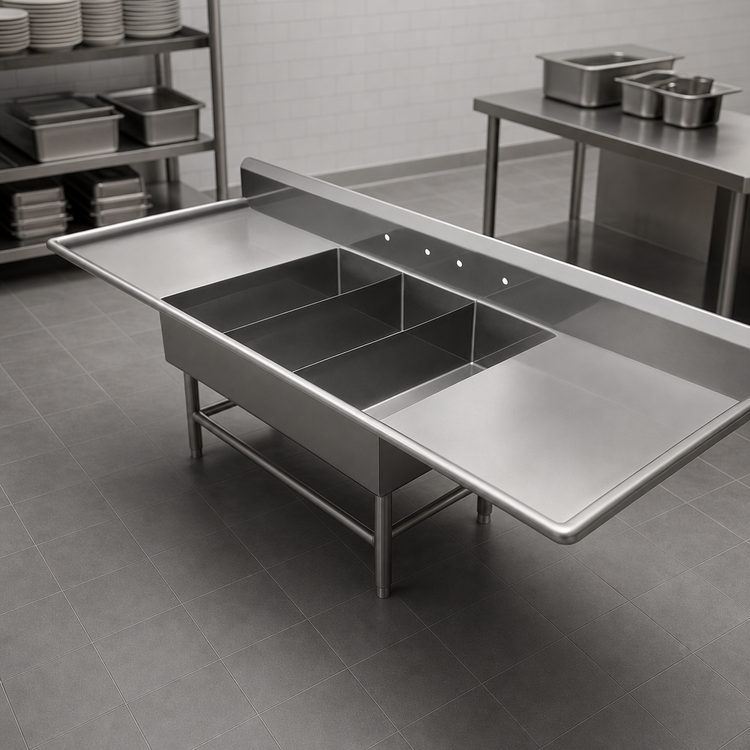 Product image #3 for John Boos Pro-Bowl 3-Compartment Stainless Steel Platter Sink with Left and Right 30" Drainboards, 105-1/4" W
