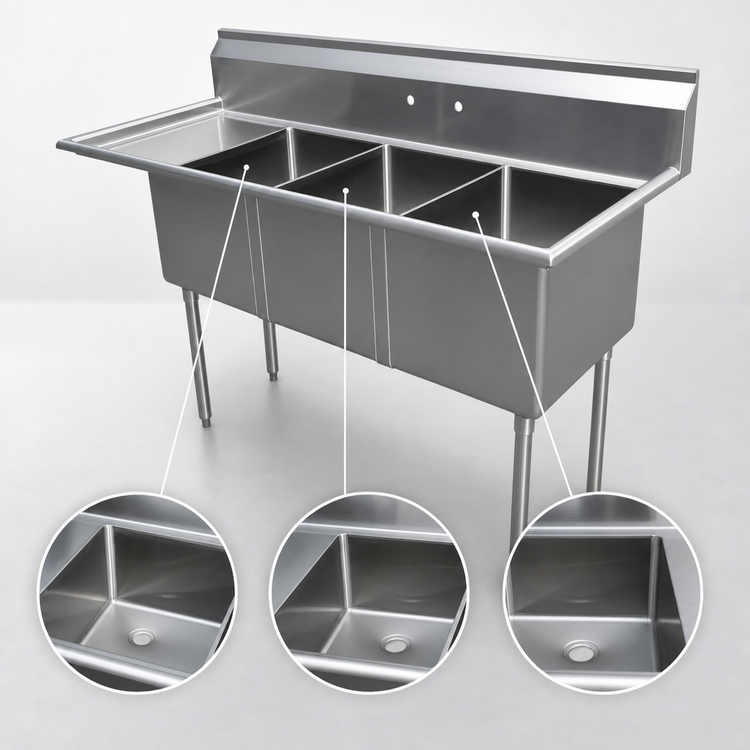 Product image #3 for Omcan 3-Compartment Pot Sink, 77-Inch Wide, with 24 x 24 x 14-Inch Bowls