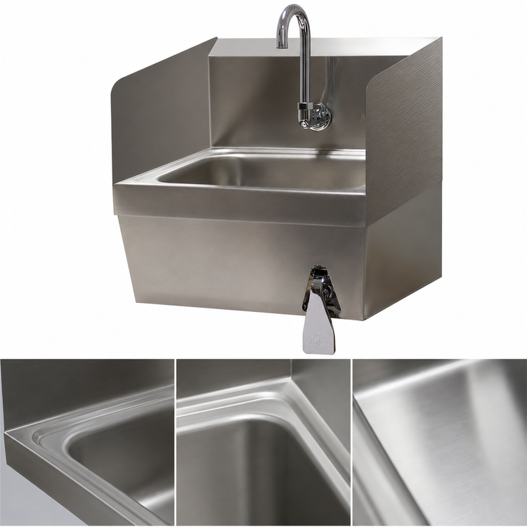 Product image #3 for Advance Tabco 7-PS-59 Wall-Mounted Stainless Steel Hand Wash Sink with 10" x 14" x 5" Bowl, Knee Valve and Gooseneck Faucet