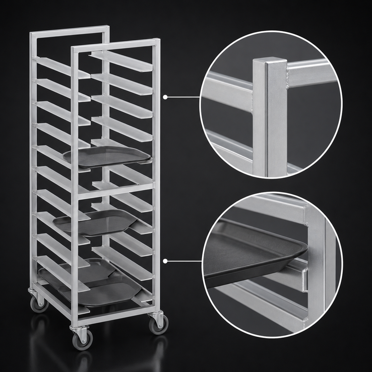 Product image #3 for Channel Aluminum Trapezoidal Cafeteria Tray Rack, Single Section, End-Load, 14-Tray Capacity, 5-Inch Swivel Stem Casters