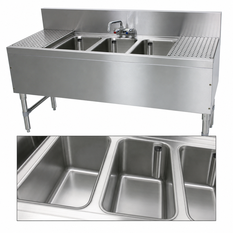 Product image #3 for Advance Tabco Prestige Signature Series 84-Inch 3-Compartment Underbar Sink Unit with Left and Right Drainboards and 7-Inch Backsplash