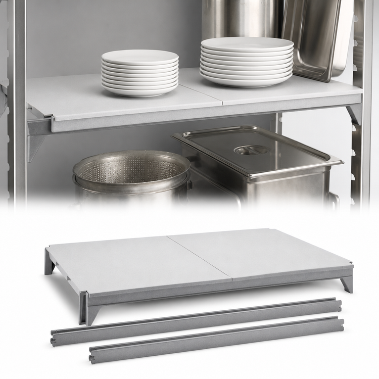 Product image #4 for Cambro Camshelving Premium 21" x 60" Solid Polymer Shelf Kit with Camguard, Speckled Gray