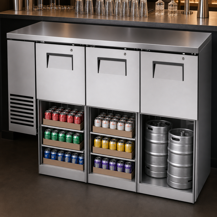 Product image #3 for True Two-Section Back Bar Cooler with 3 Solid Locking Doors, 72-1/8 Inch Wide, Stainless Steel