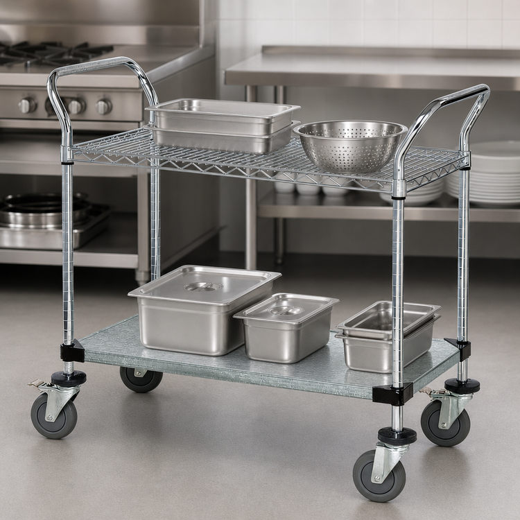 Product image #3 for Quantum 48 Inch x 18 Inch Chrome-Plated 2-Shelf Utility Bus Cart with Wire and Galvanized Shelves