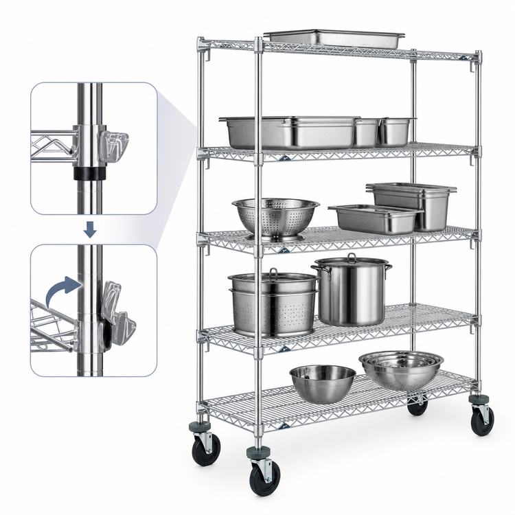 Product image #3 for Metro Super Adjustable Super Erecta Wire Shelving Stem Caster Cart, 5 Shelves, 60 x 21 Inches, Chrome, 600 lb. Capacity