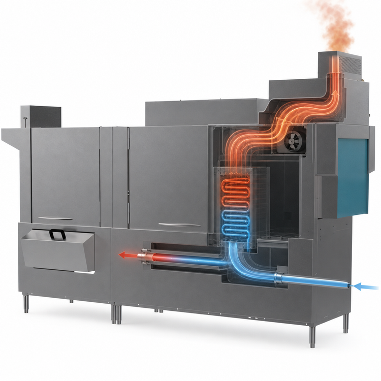 Product image #3 for Champion 100 PRO-HR Pro Series 2-Tank High-Temperature Steam Rack Conveyor Dishwasher with Heat Recovery, 348 Racks/Hour
