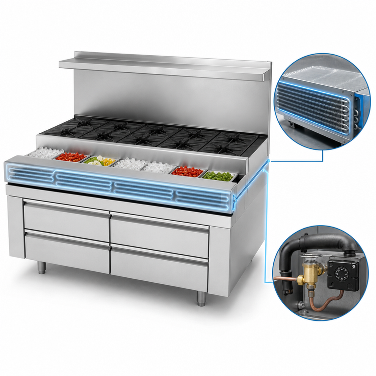 Product image #3 for Titan JMSS-06-T-72 Fire & Ice 72-Inch Gas Sauté Station with 6 Open Burners and Refrigerated Rail