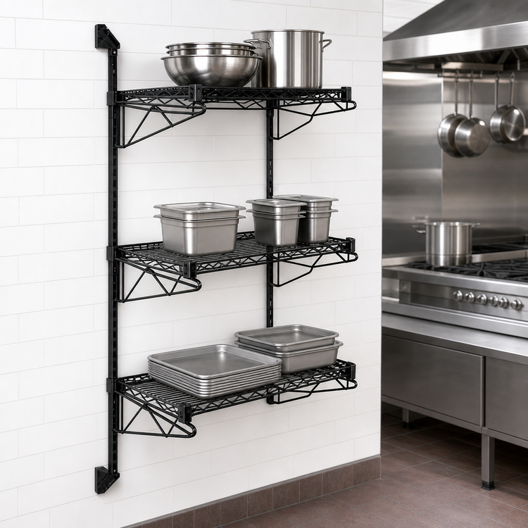 Product image #3 for Quantum Wall-Mounted Cantilever Wire Shelf Starter Unit with 3 Shelves, 54-Inch Posts, Black Epoxy Finish