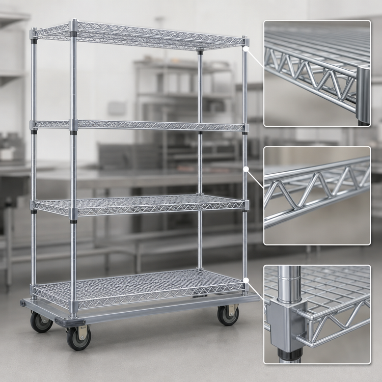 Product image #3 for Eagle Group 4-Tier Chrome Dolly Truck with 60 x 24 Inch Wire Shelves